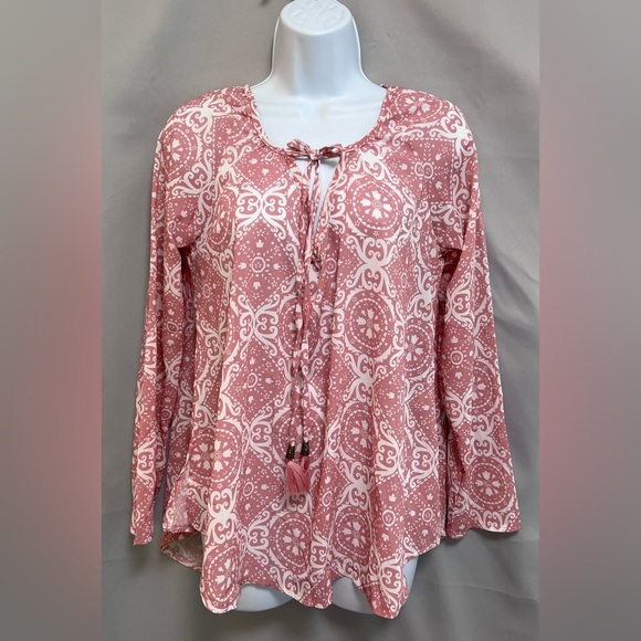 *NWT* MIHOLL Womens Size Small Pink White Blouse Long‎ Sleeve - Picture 1 of 10